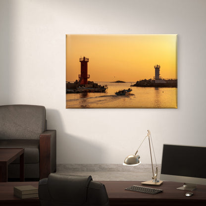 Golden sunset over Songjeong Port lighthouses, South Korea Wall Art Decor 100% Australian Made