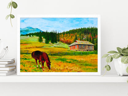 Horse Near The House Mountain Landscape Oil Painting Glass Framed Wall Art, Ready to Hang Quality Print Without White Border White