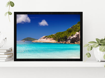 Tropical Beach With Palm Trees Glass Framed Wall Art, Ready to Hang Quality Print Without White Border Black