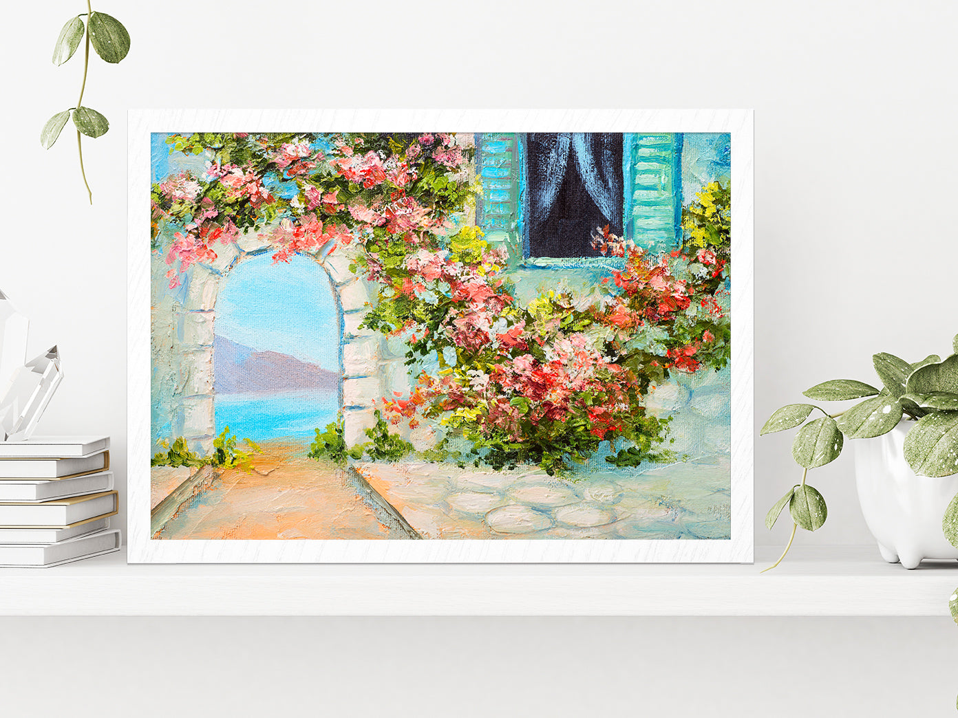 House Near The Sea, Summer Seascape Glass Framed Wall Art, Ready to Hang Quality Print Without White Border White