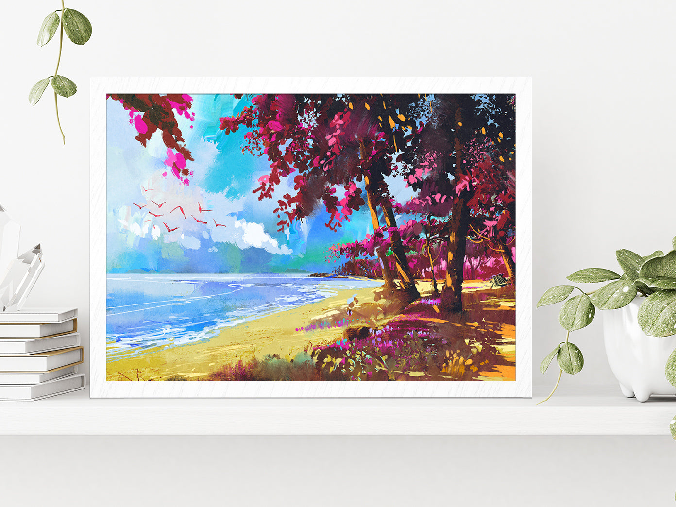 Pink Trees On The Beach Summer Landscape Glass Framed Wall Art, Ready to Hang Quality Print Without White Border White