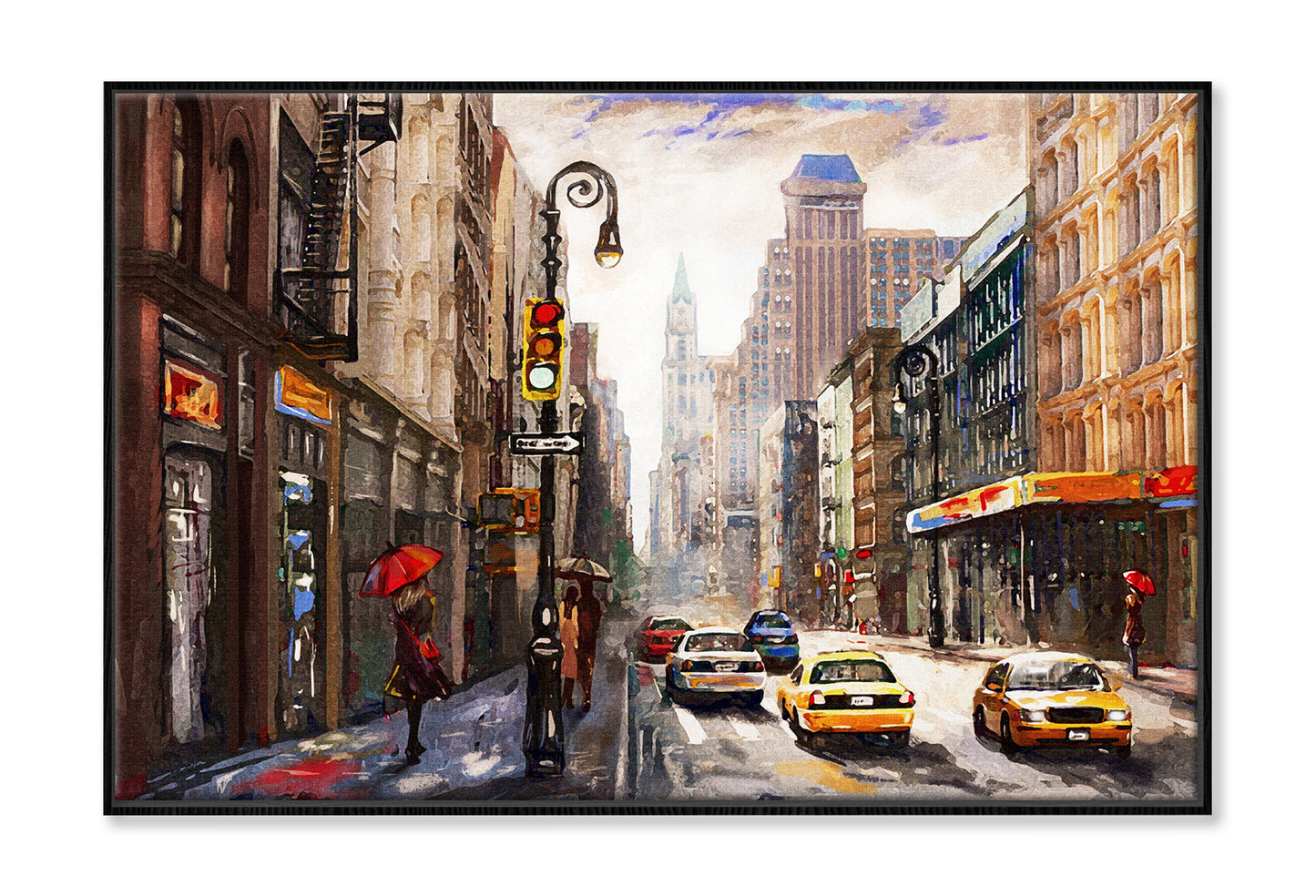 People on New York Street & Yellow Taxi Watercolor Painting Wall Art Limited Edition High Quality Print Canvas Box Framed Black