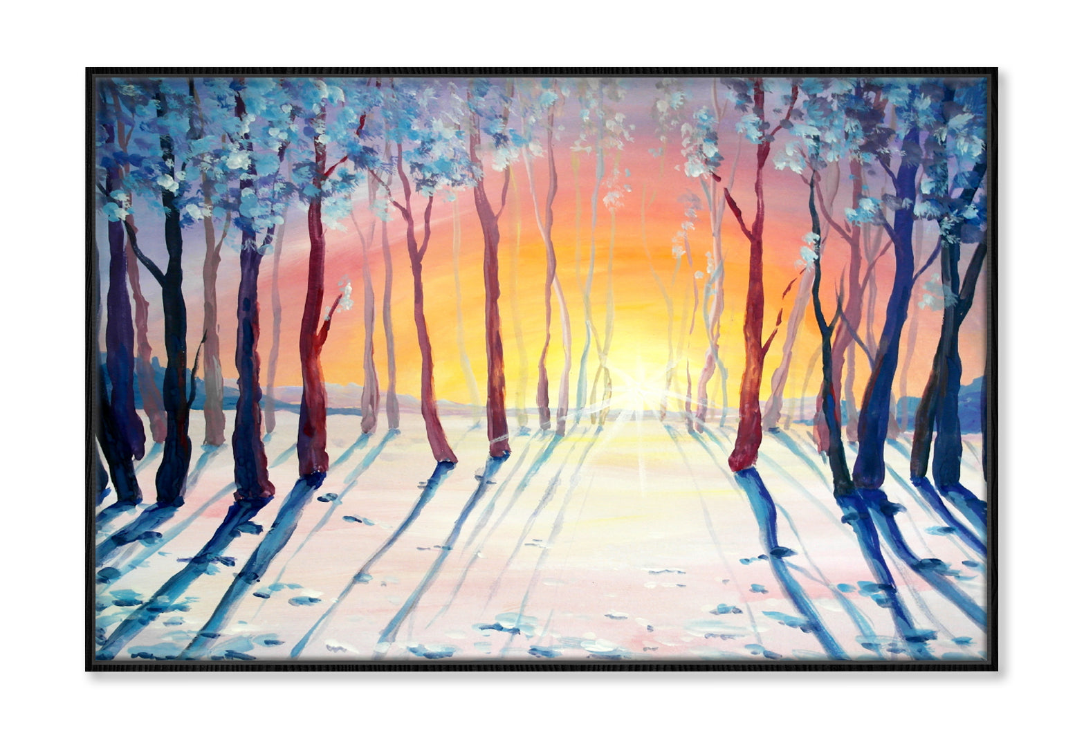 Trees on Snow Field Sunset Sky Oil Painting Wall Art Limited Edition High Quality Print Canvas Box Framed Black