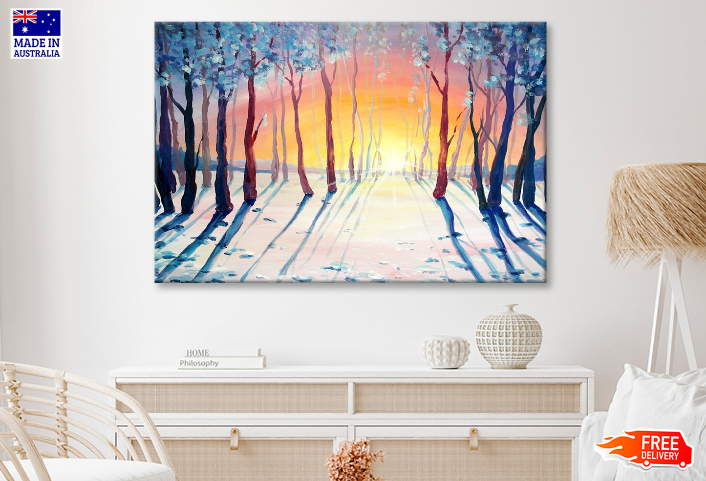 Trees on Snow Field Sunset Sky Oil Painting Wall Art Limited Edition High Quality Print