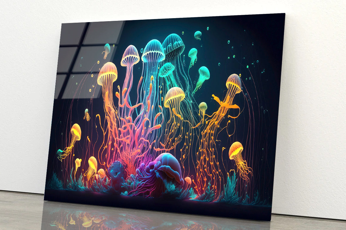 Colorful Jellyfish and Fish Float In an Ocean Acrylic Glass Print Tempered Glass Wall Art 100% Made in Australia Ready to Hang - Bella Home Decor