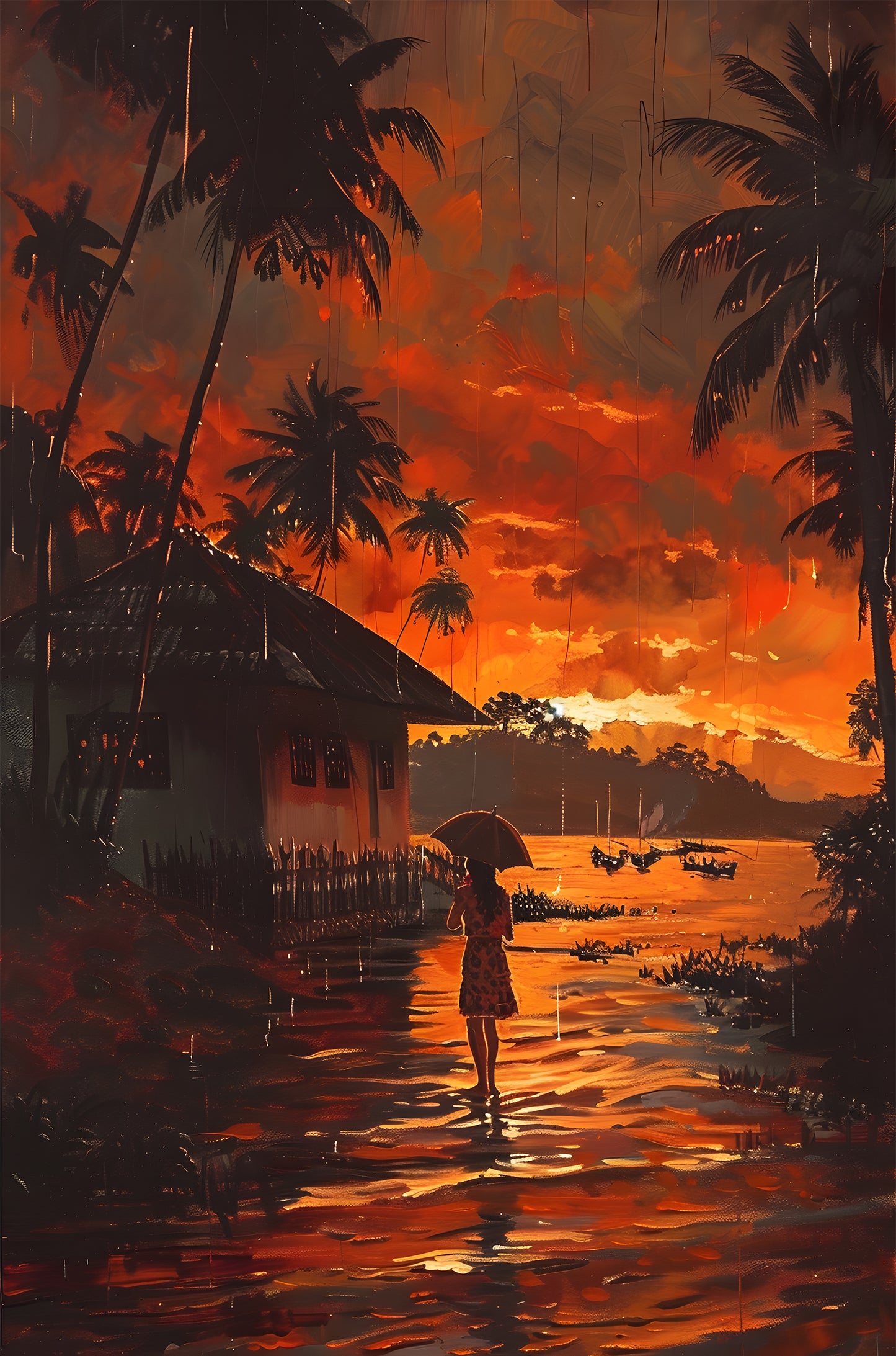 Tropical Sunset Rain Palm House 60x90cm Metal Print Ready to Hang