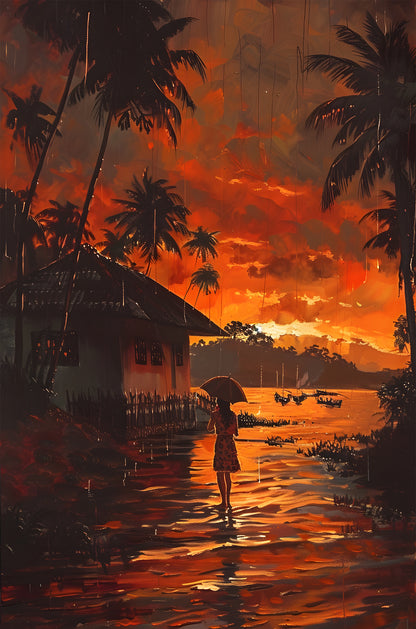 Tropical Sunset Rain Palm House 60x90cm Metal Print Ready to Hang
