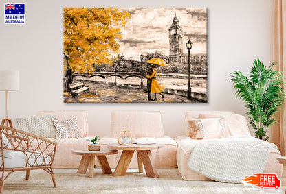 Yellow Tree & Couple near Big Ben Bridge & River Painting Wall Art Limited Edition High Quality Print