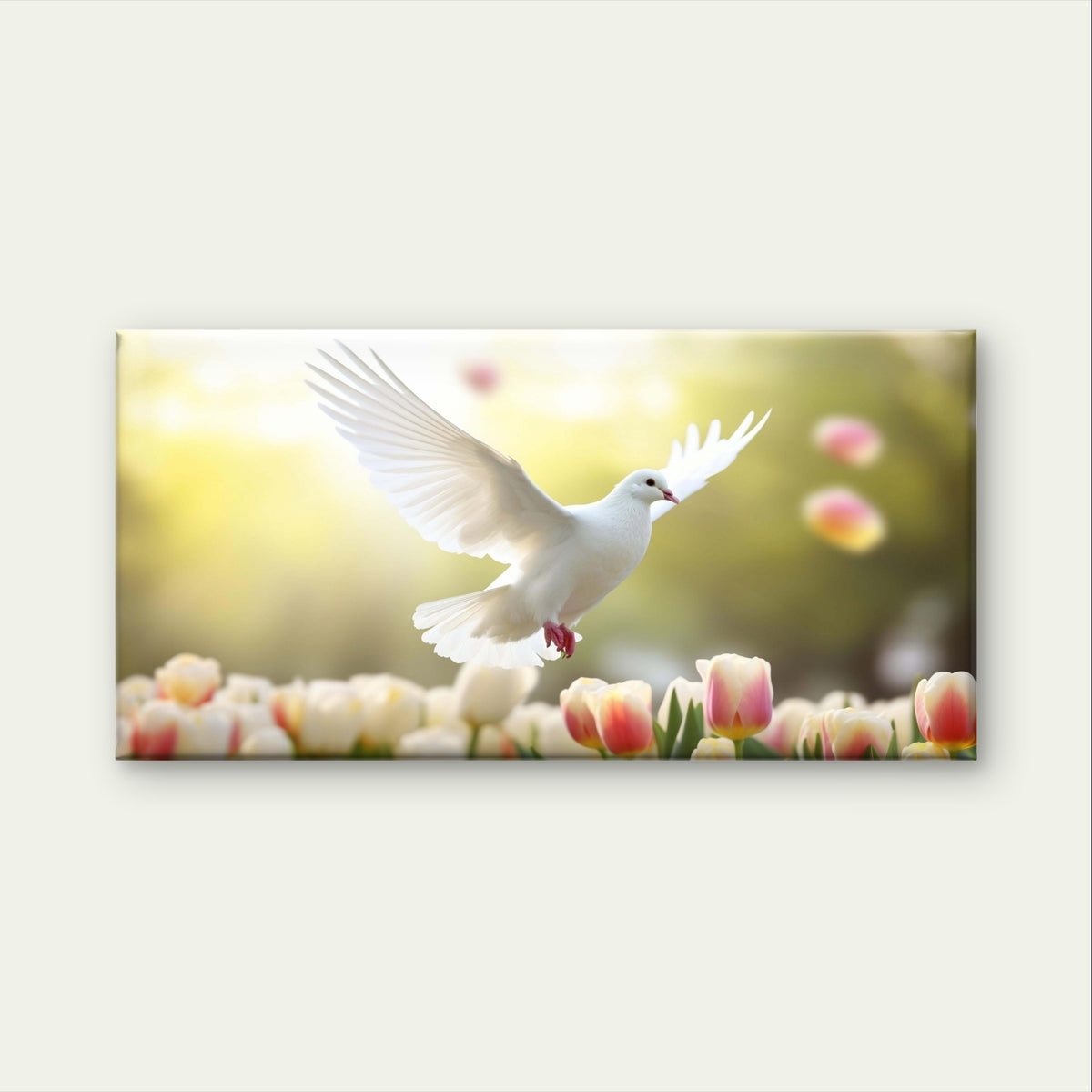 White Dove Bird Flying Spring Tulips Floral Meadow Wall Art Canvas Office Home Framed 120x60cm - Bella Home Decor