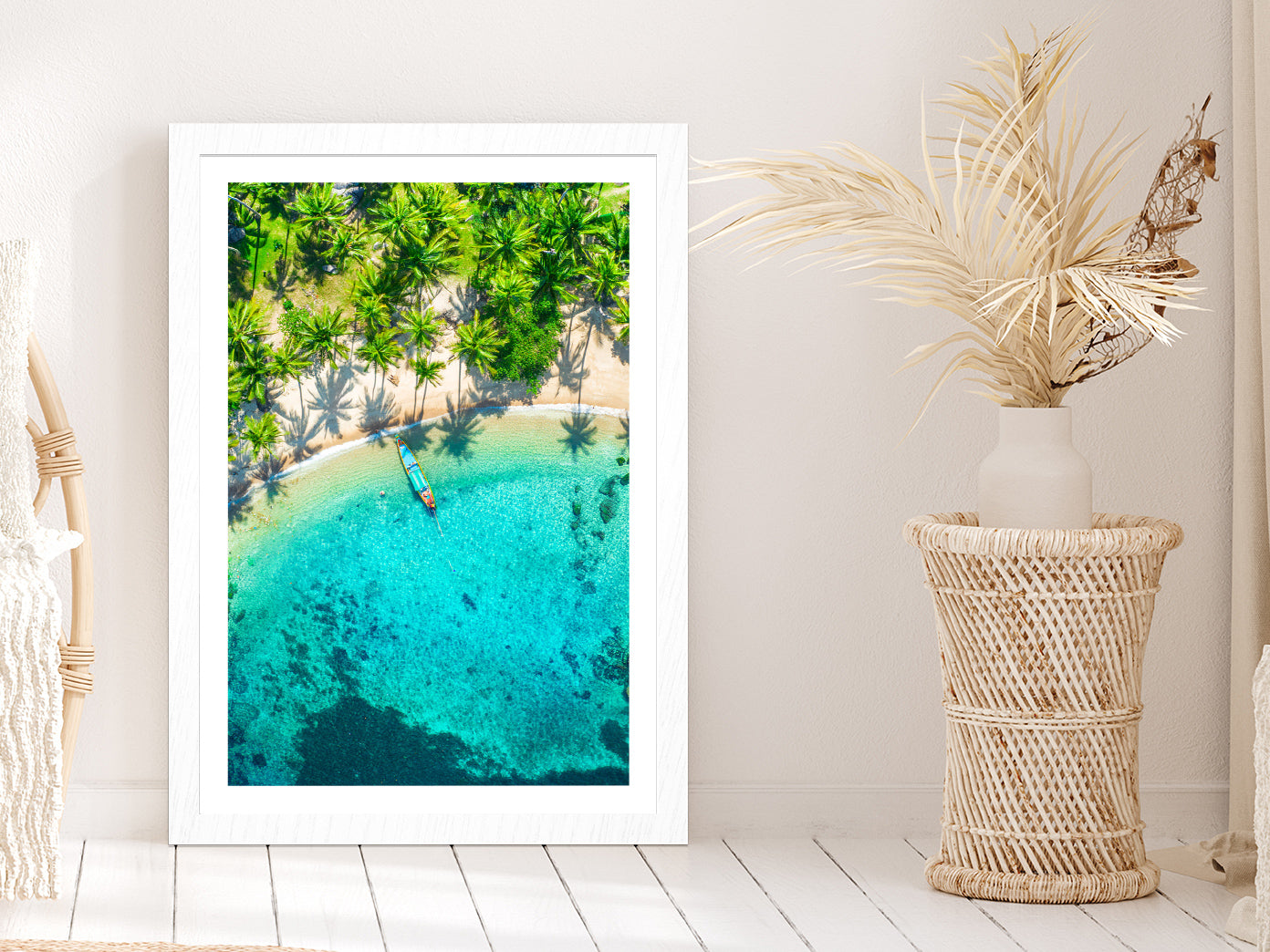 Aerial View Tropical Beach Sai Nuan Glass Framed Wall Art, Ready to Hang Quality Print With White Border White