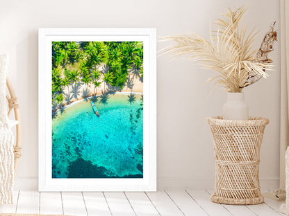 Aerial View Tropical Beach Sai Nuan Glass Framed Wall Art, Ready to Hang Quality Print With White Border White