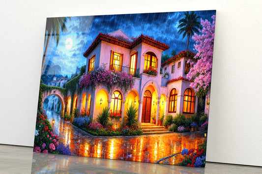 House Surrounded By Flowers at Night Acrylic Glass Print Tempered Glass Wall Art 100% Made in Australia Ready to Hang