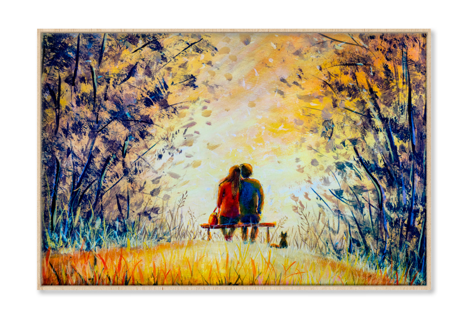 A Loving Couple & Cat Oil Painting Wall Art Limited Edition High Quality Print Canvas Box Framed Natural