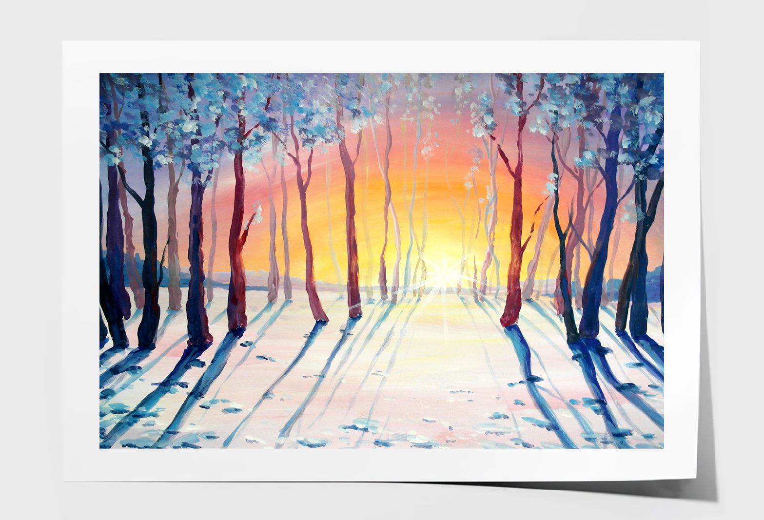 Trees on Snow Field Sunset Sky Oil Painting Wall Art Limited Edition High Quality Print Unframed Roll Canvas None