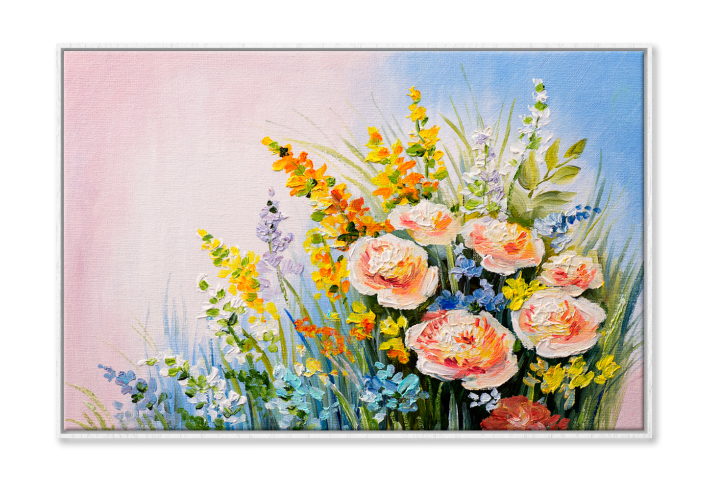 Abstract Bouquet Of Summer Flowers Oil Painting Wall Art Limited Edition High Quality Print Canvas Box Framed White