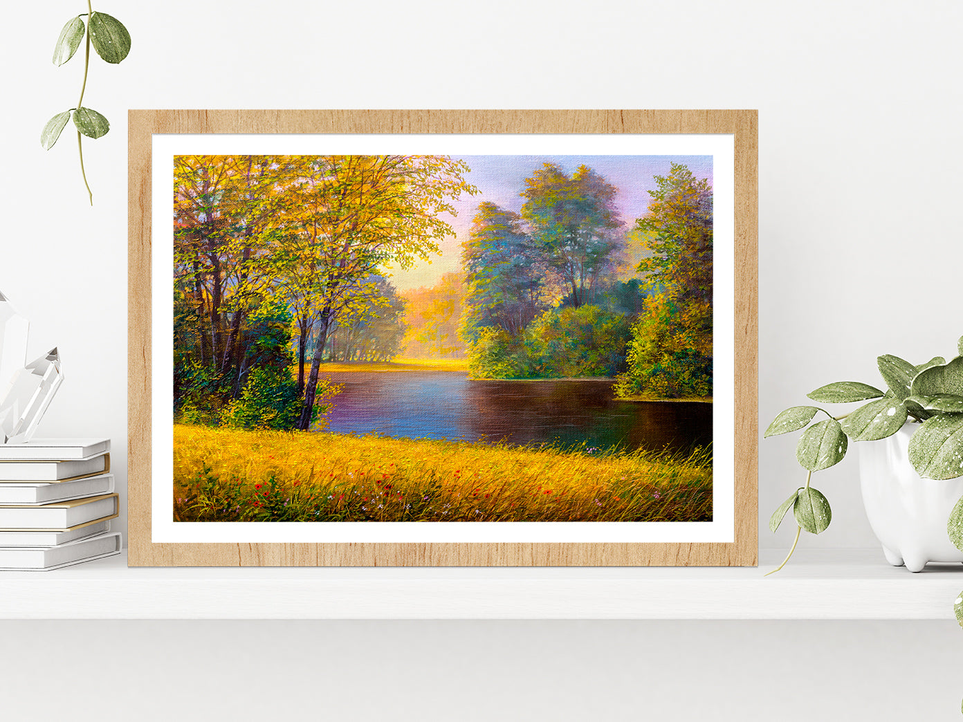 Beautiful Summer Forest With River Glass Framed Wall Art, Ready to Hang Quality Print With White Border Oak