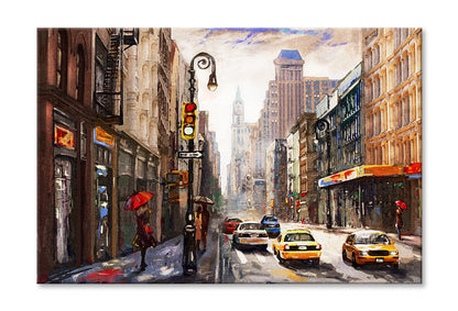 People on New York Street & Yellow Taxi Watercolor Painting Wall Art Limited Edition High Quality Print Stretched Canvas None