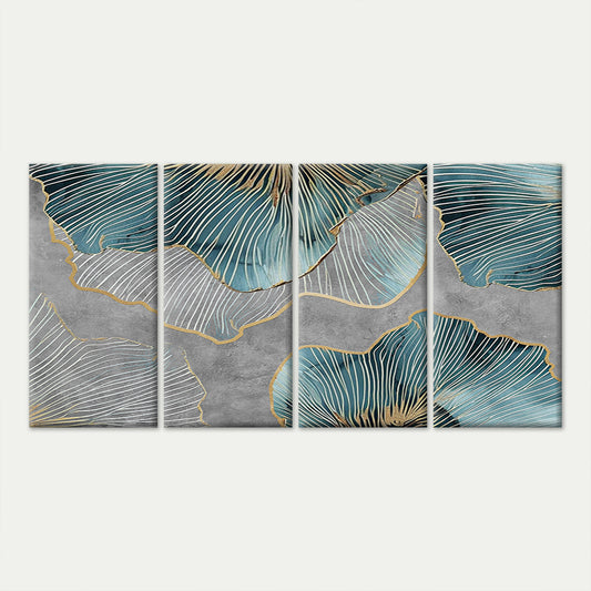 4pcs Modern Abstract Teal Ginkgo Leaf Gold Line Wall Art Canvas Framed 45x80cm - High Quality Print 100% Australian Made Wall Canvas Ready to Hang