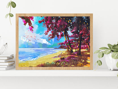 Pink Trees On The Beach Summer Landscape Glass Framed Wall Art, Ready to Hang Quality Print Without White Border Oak