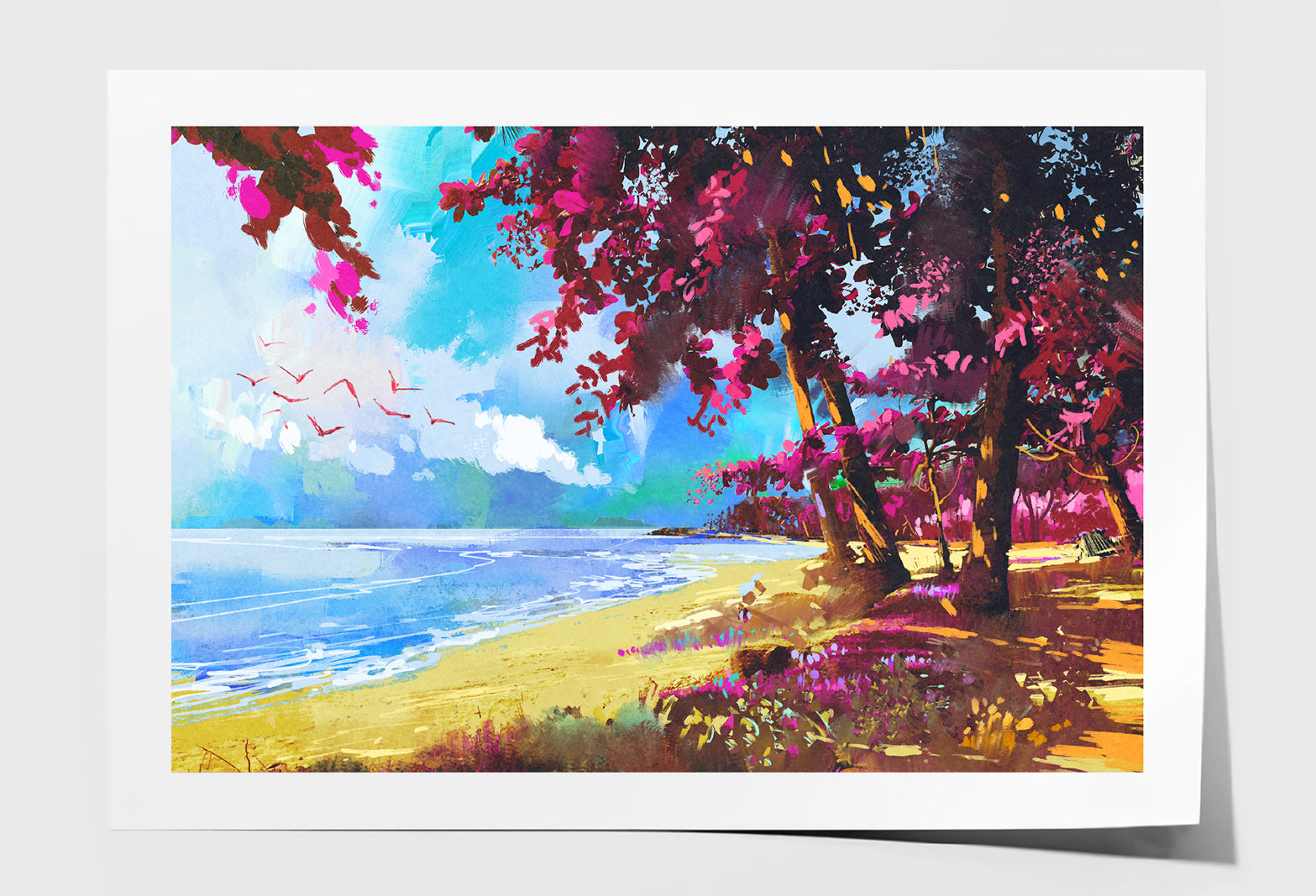 Pink Trees On The Beach Summer Landscape Oil Painting Limited Edition High Quality Print Unframed Roll Canvas None