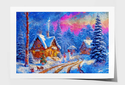 Winter Country Landscape with Log Houses. Christmas Pine Tree Wall Art Limited Edition High Quality Print