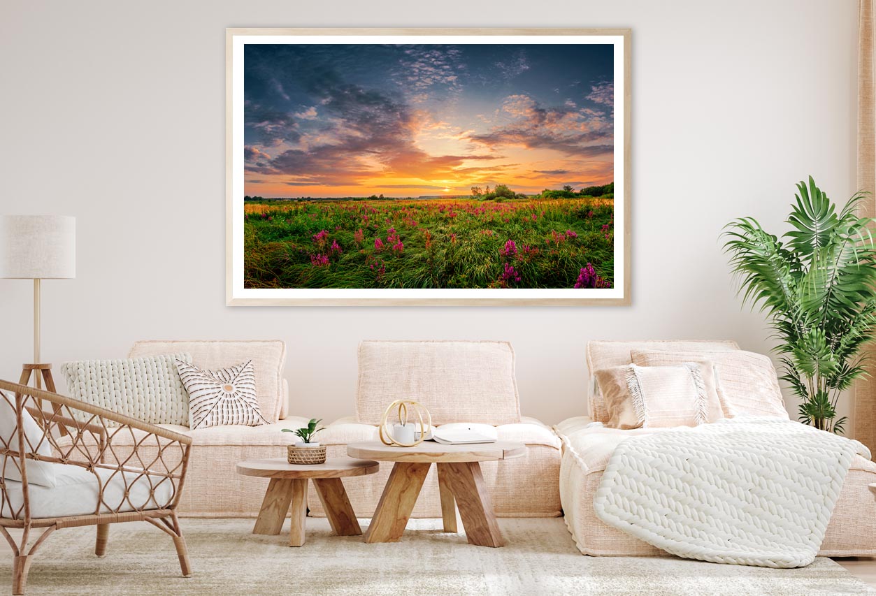 Sun Set Landscape with A Wild Field Full of Purple Flowers Home Decor Premium Quality Poster Print Choose Your Sizes