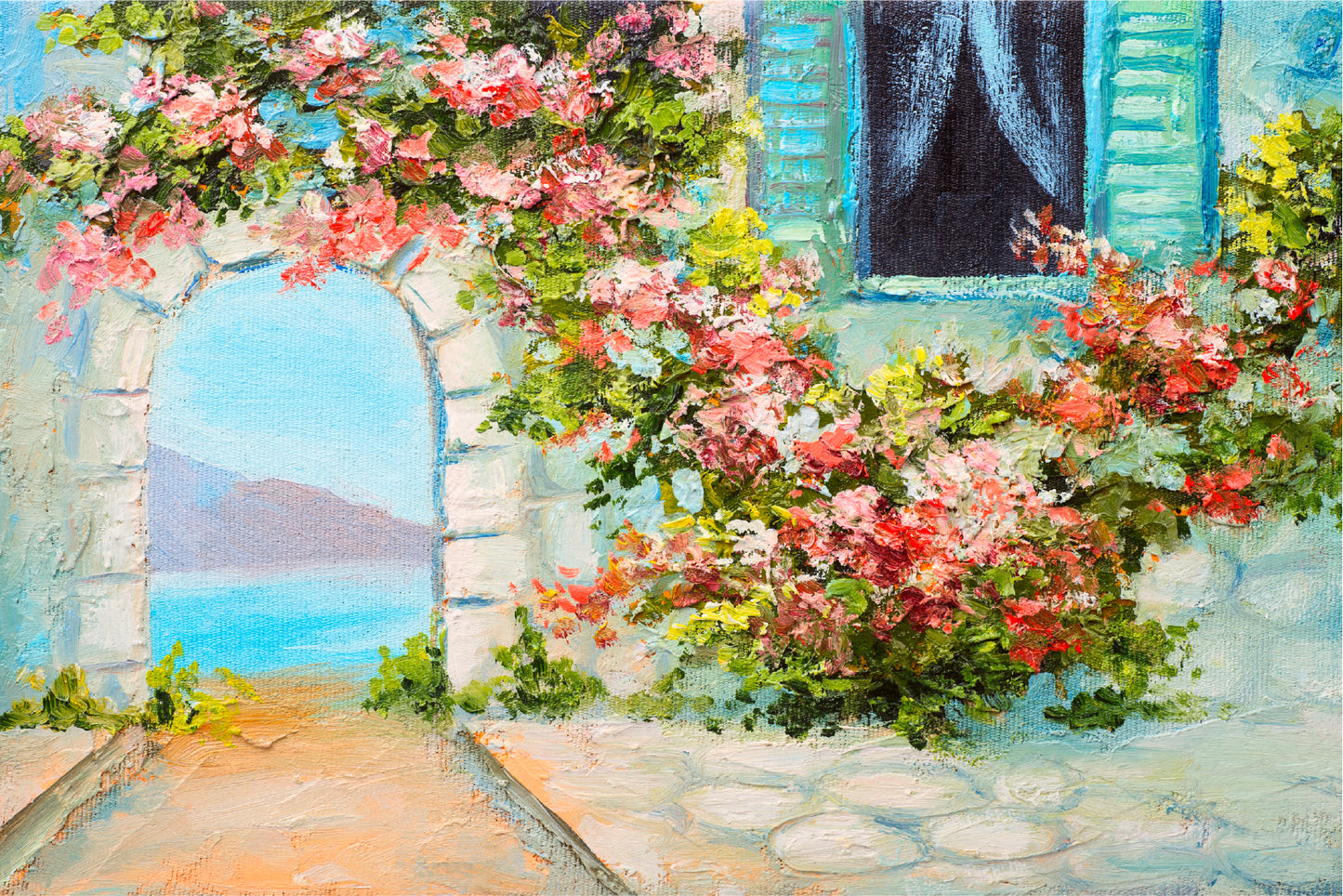 House Near The Sea, Summer Seascape Glass Framed Wall Art, Ready to Hang Quality Print