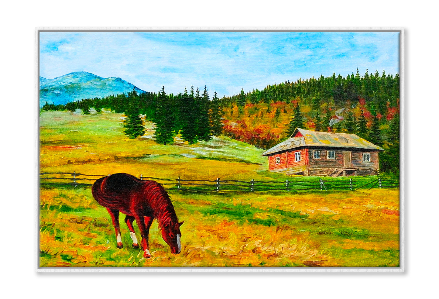 Horse Near The House Mountain Landscape Oil Painting Wall Art Limited Edition High Quality Print Canvas Box Framed White