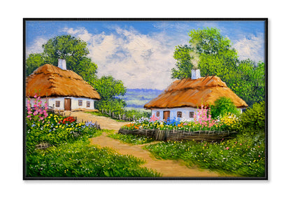 Houses Surrounded by Blooming Garden Oil Painting Wall Art Limited Edition High Quality Print Canvas Box Framed Black