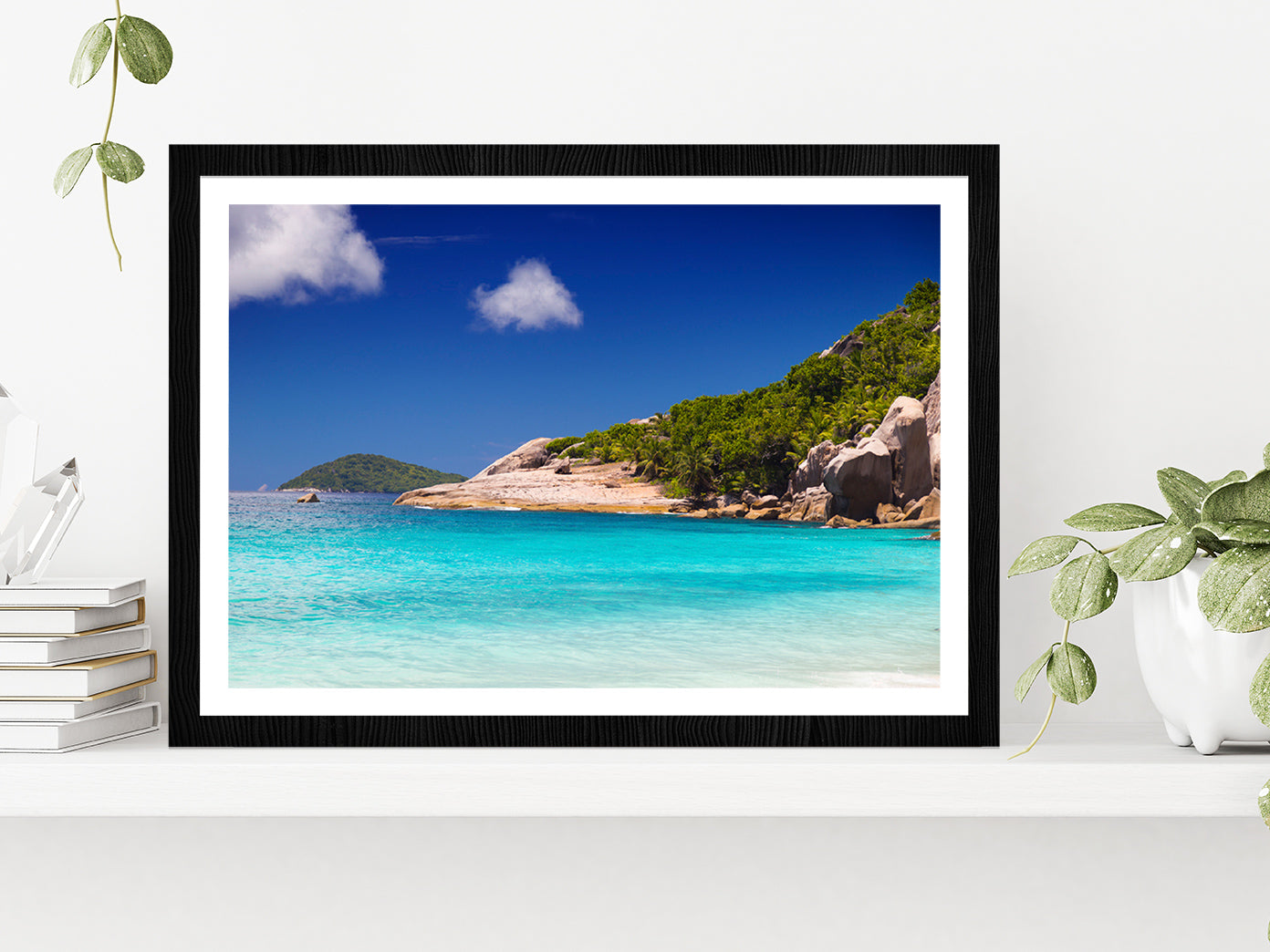 Tropical Beach With Palm Trees Glass Framed Wall Art, Ready to Hang Quality Print With White Border Black