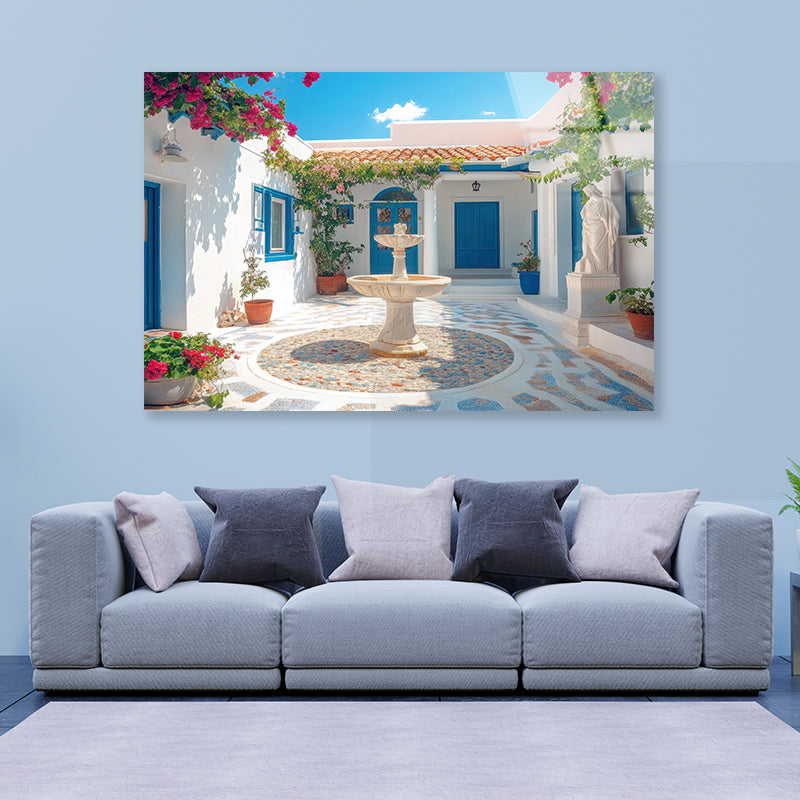 Courtyard with a Fountain and a Statue of a Woman Acrylic Glass Print Tempered Glass Wall Art 100% Made in Australia Ready to Hang - Bella Home Decor