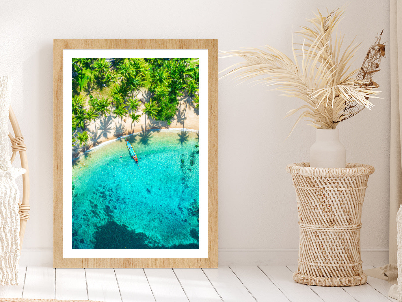 Aerial View Tropical Beach Sai Nuan Glass Framed Wall Art, Ready to Hang Quality Print With White Border Oak