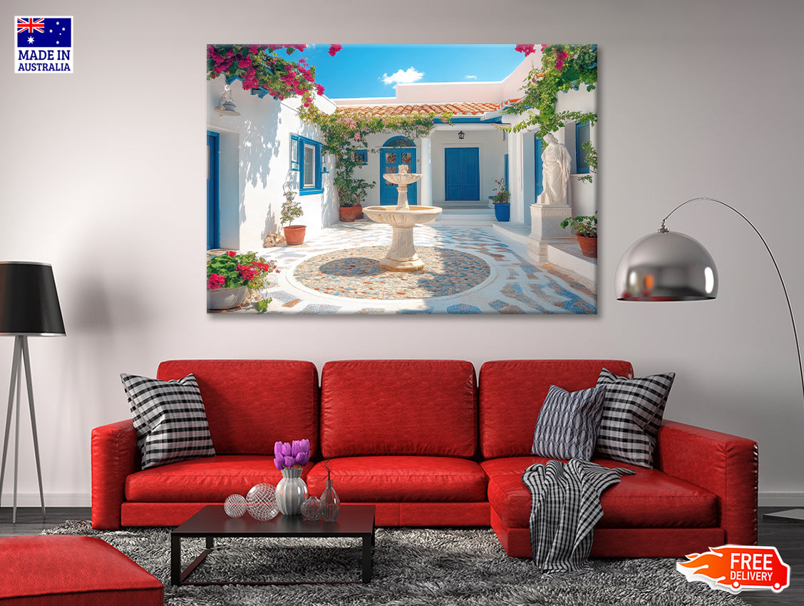 Courtyard with a Fountain and a Statue of a Woman Print 100% Australian Made - Bella Home Decor