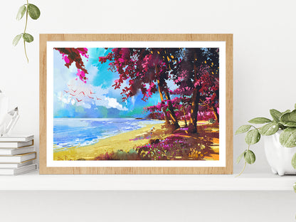 Pink Trees On The Beach Summer Landscape Glass Framed Wall Art, Ready to Hang Quality Print With White Border Oak