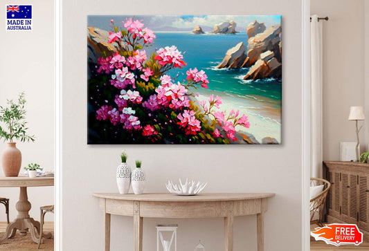 Pink Flowers by The Sea Painting Wall Art Limited Edition High Quality Print