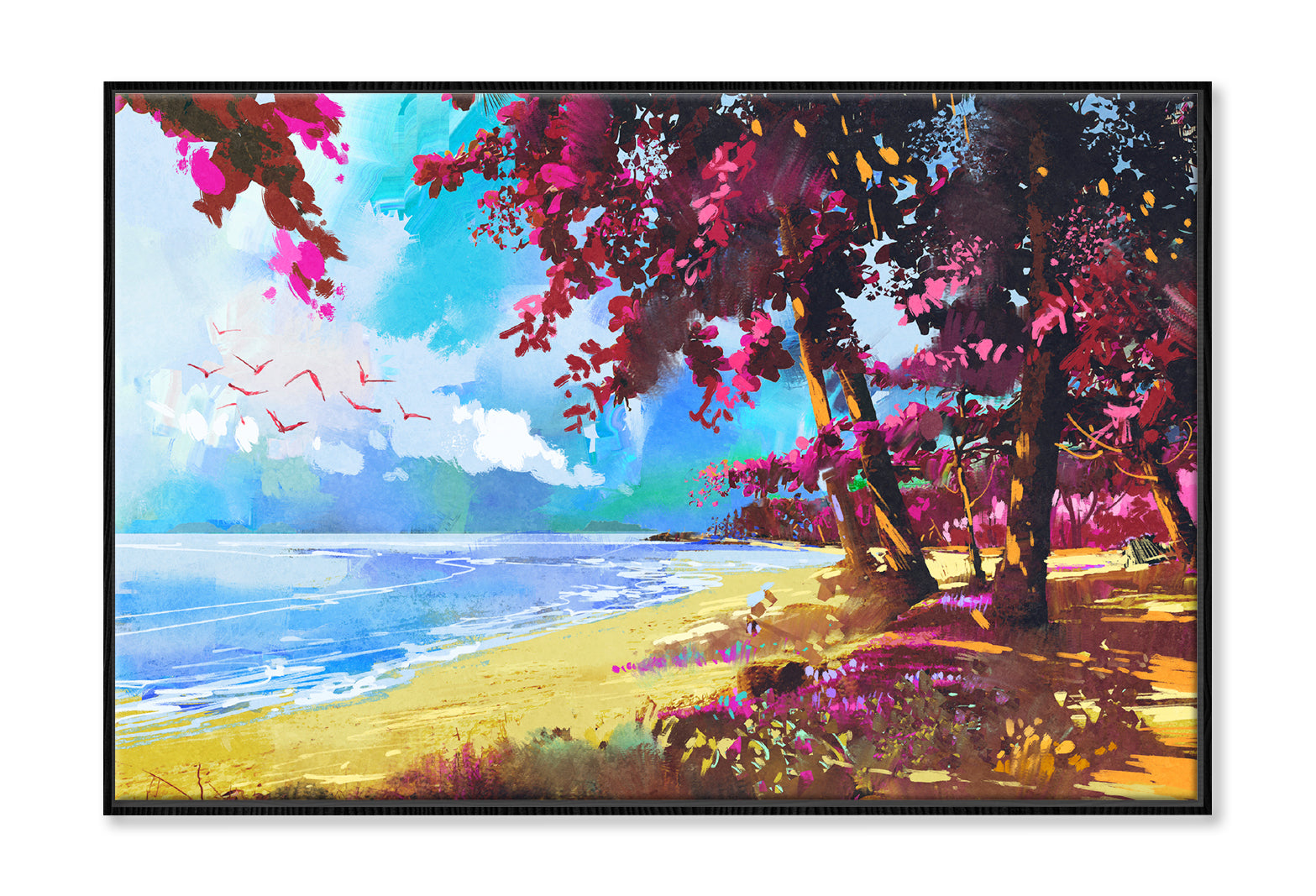 Pink Trees On The Beach Summer Landscape Oil Painting Limited Edition High Quality Print Canvas Box Framed Black