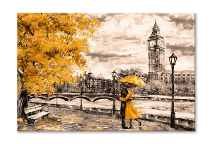 Yellow Tree & Couple near Big Ben Bridge & River Painting Wall Art Limited Edition High Quality Print Stretched Canvas None