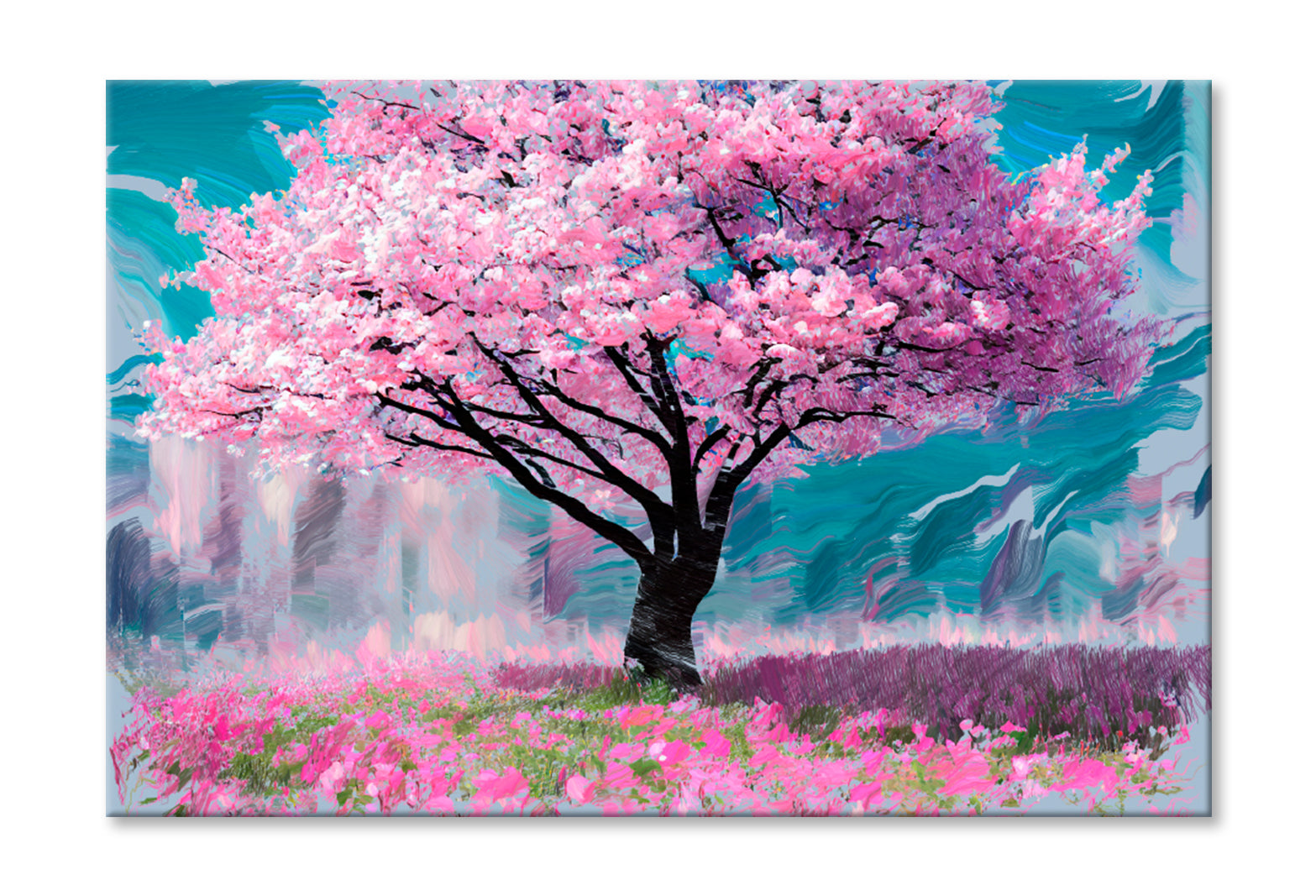 Pink Sakura Cherry Tree Painting Limited Edition High Quality Print Stretched Canvas None