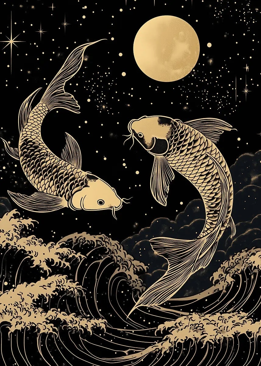 Gold Koi Fish Moon Waves 40x60cm Metal Print Ready to Hang - Bella Home Decor