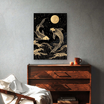 Gold Koi Fish Moon Waves 40x60cm Metal Print Ready to Hang - Bella Home Decor