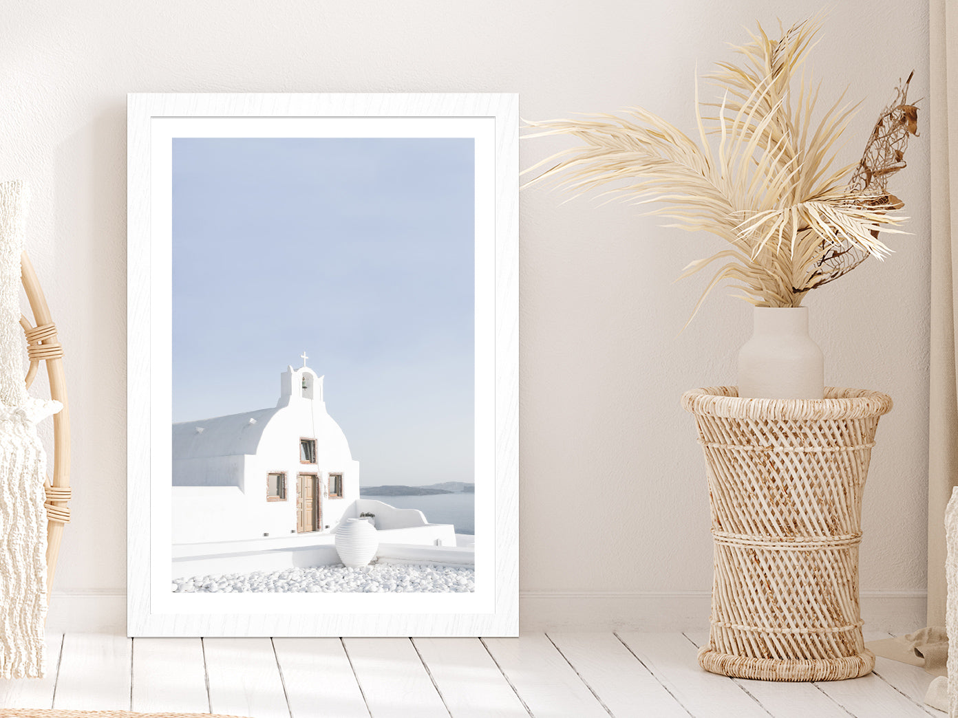 Greek Church by the White Houses Photograph Glass Framed Wall Art, Ready to Hang Quality Print With White Border White