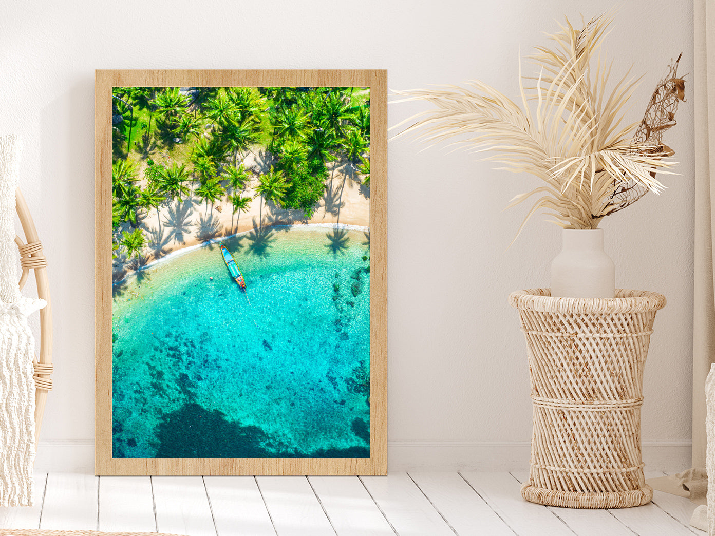 Aerial View Tropical Beach Sai Nuan Glass Framed Wall Art, Ready to Hang Quality Print Without White Border Oak