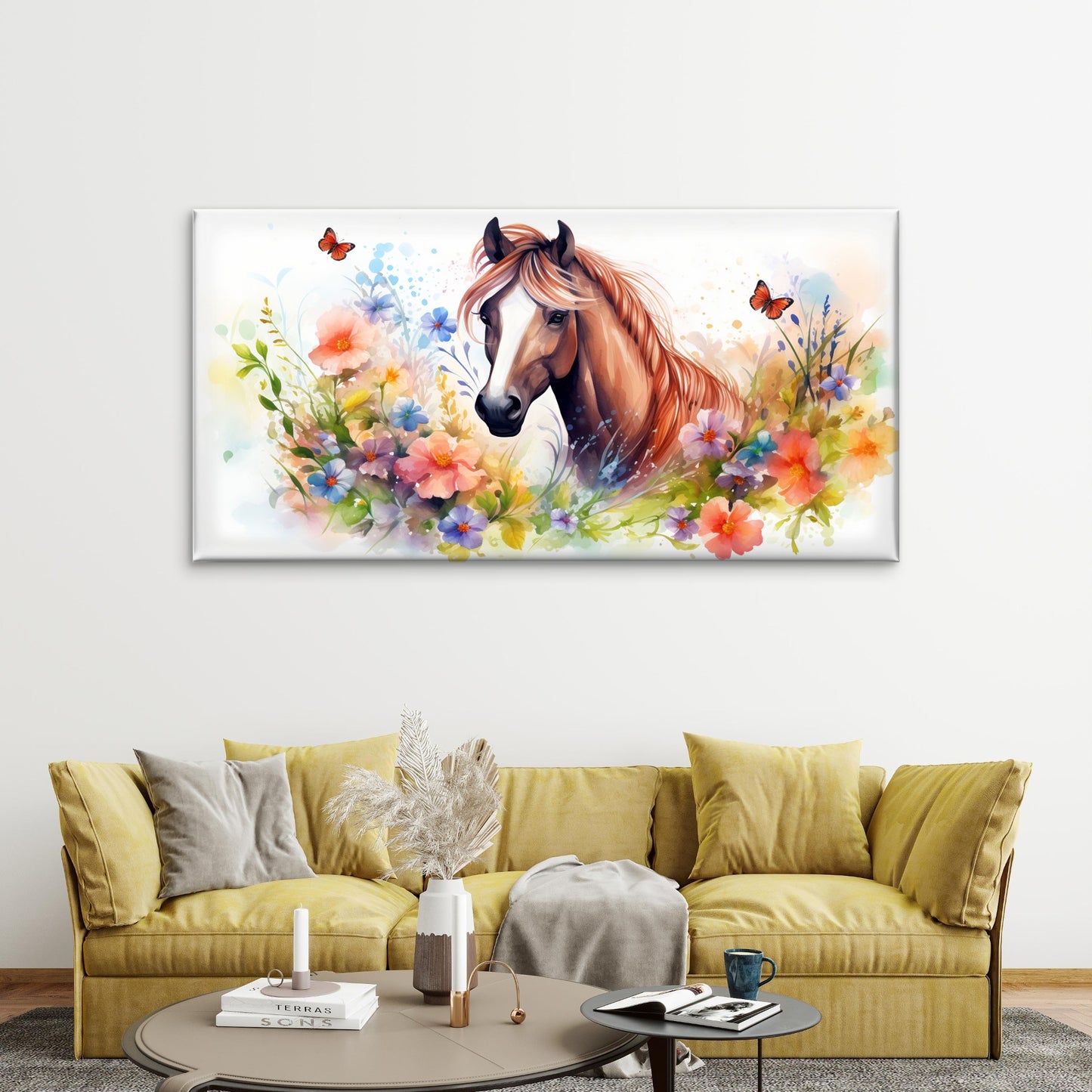 Horse Watercolor Butterfly Wall Art Canvas Office Home Room Framed 120x60cm - Bella Home Decor