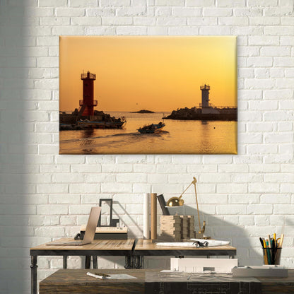 Golden sunset over Songjeong Port lighthouses, South Korea Wall Art Decor 100% Australian Made