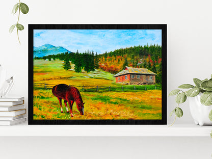 Horse Near The House Mountain Landscape Oil Painting Glass Framed Wall Art, Ready to Hang Quality Print Without White Border Black