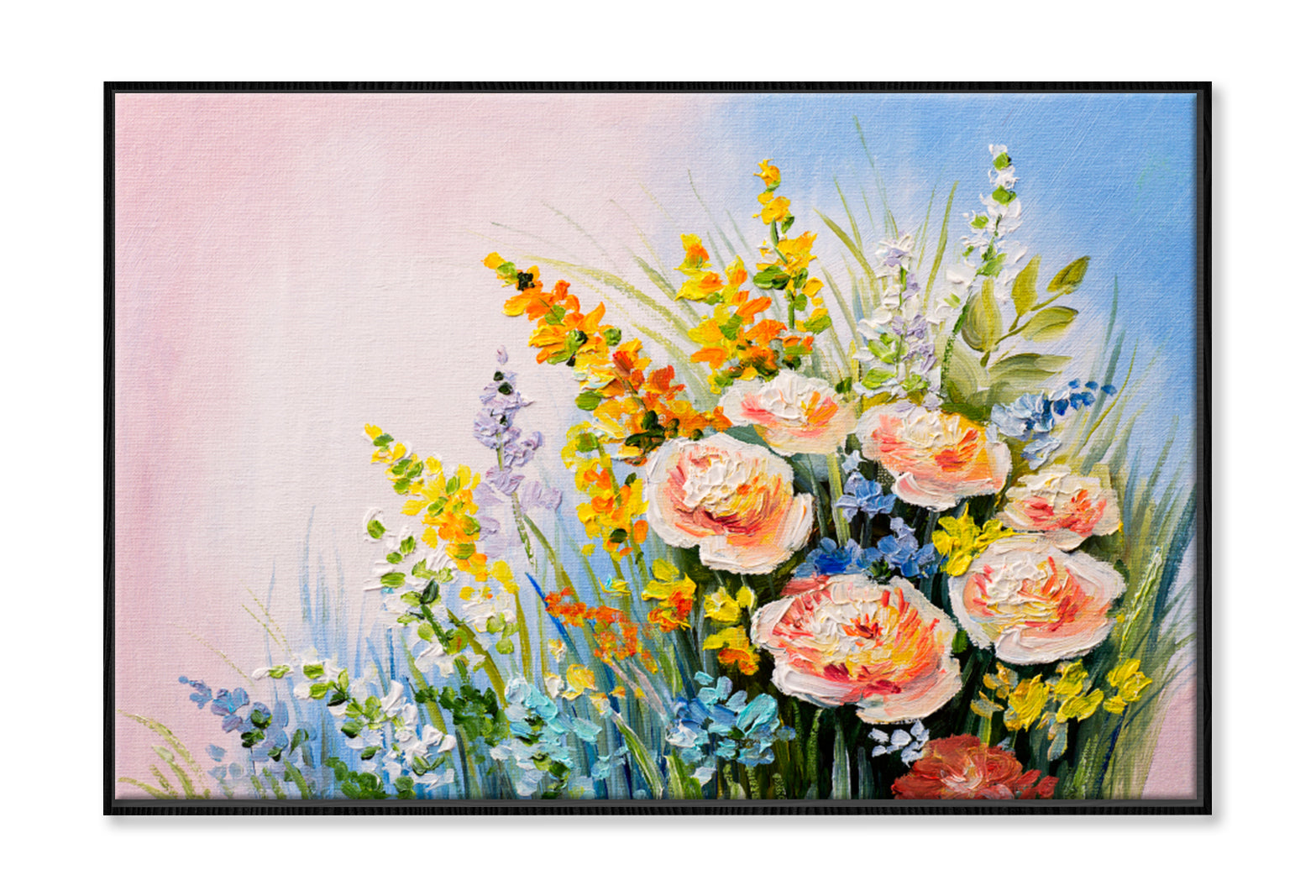 Abstract Bouquet Of Summer Flowers Oil Painting Wall Art Limited Edition High Quality Print Canvas Box Framed Black