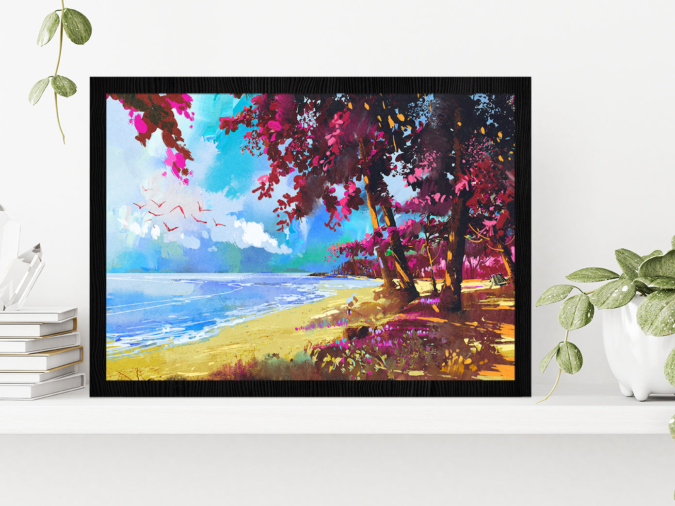 Pink Trees On The Beach Summer Landscape Glass Framed Wall Art, Ready to Hang Quality Print Without White Border Black