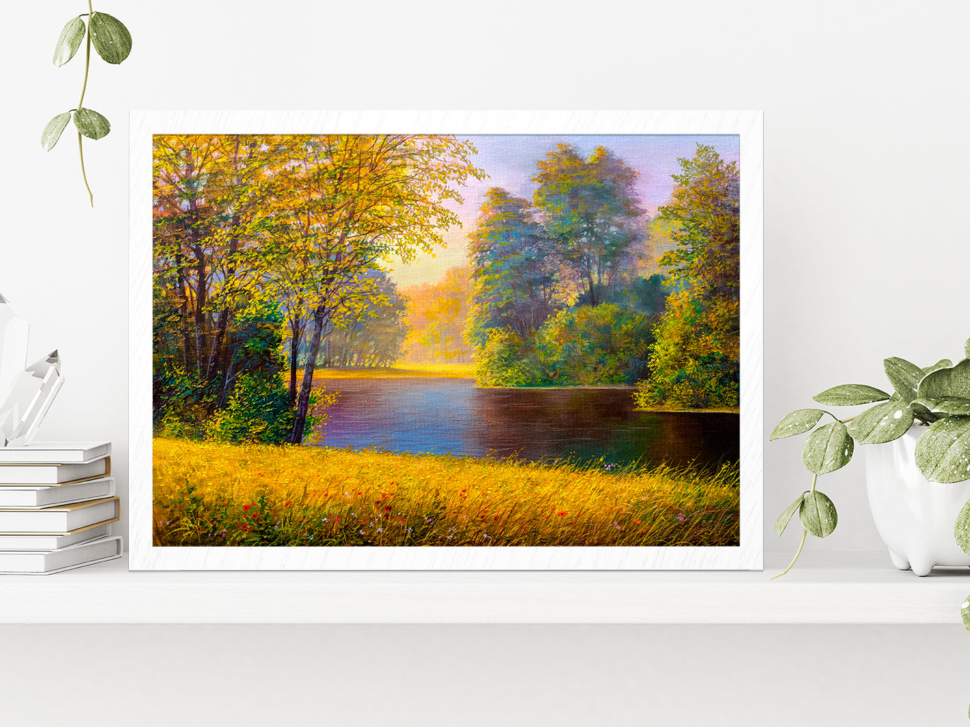 Beautiful Summer Forest With River Glass Framed Wall Art, Ready to Hang Quality Print Without White Border White