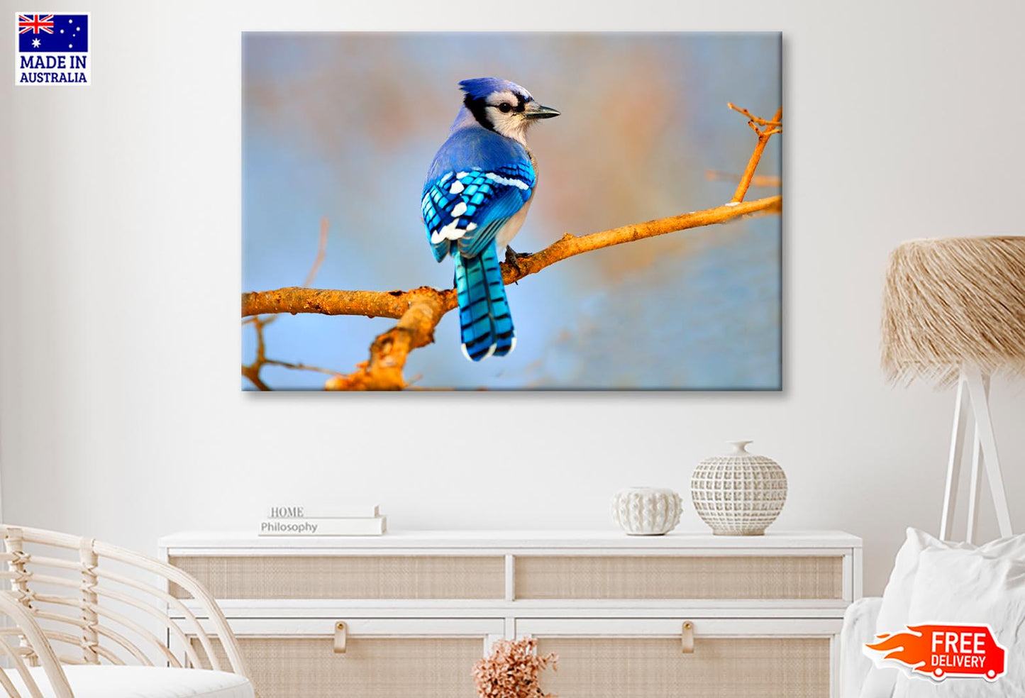 Lue Jay Sitting on A Tree Branch  Wall Art Decor 100% Australian Made - Bella Home Decor
