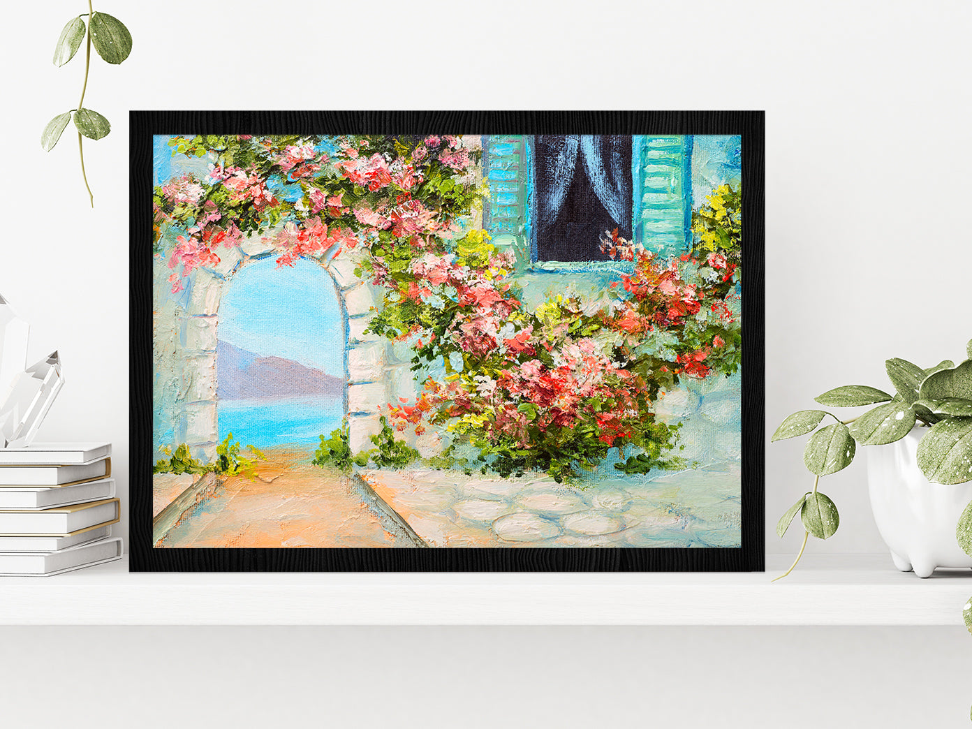 House Near The Sea, Summer Seascape Glass Framed Wall Art, Ready to Hang Quality Print Without White Border Black